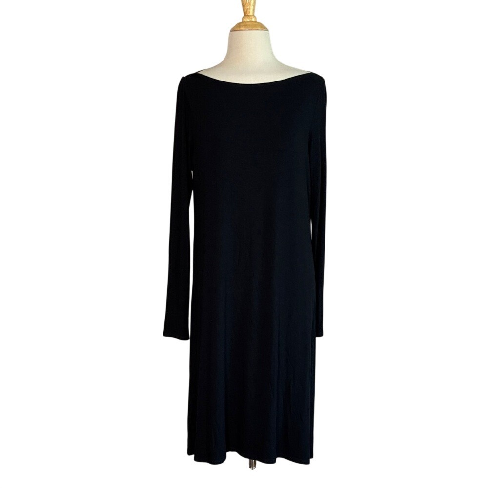 EILEEN FISHER Medium Black Long Sleeve Knit Boat Neck Shift Dress Elevated Basic